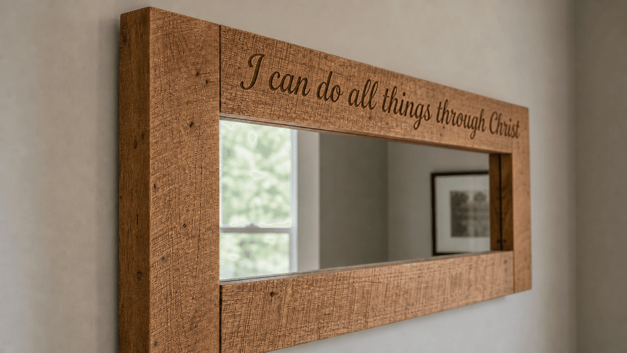 Honey oak mirror frame engraved with "I can do all things through Christ"