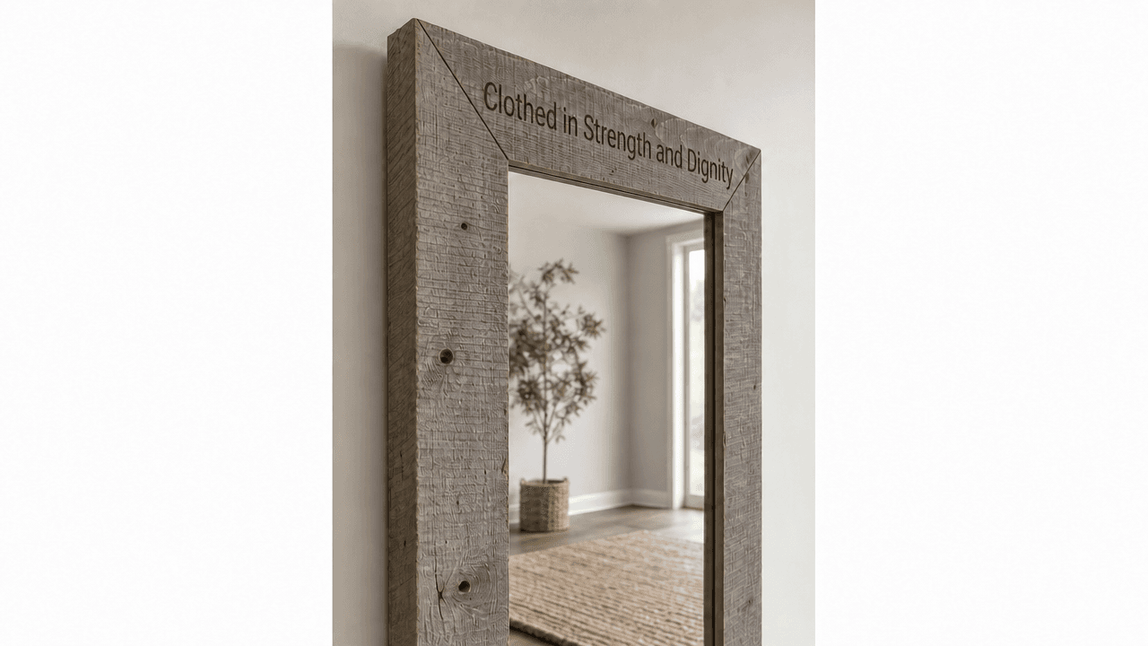 Whitewash oak mirror frame engraved with "Clothed in Strength and Dignity"