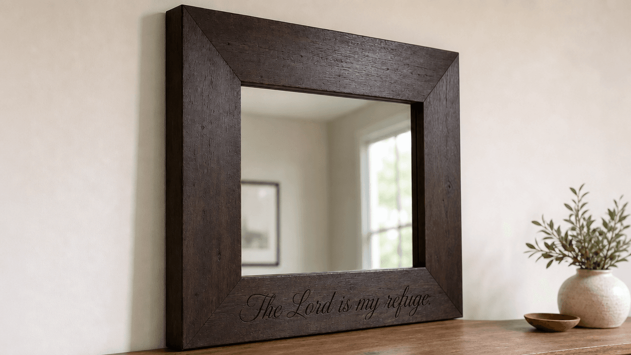 A dark oak-framed standing mirror engraved with the words 'The Lord is my refuge.'